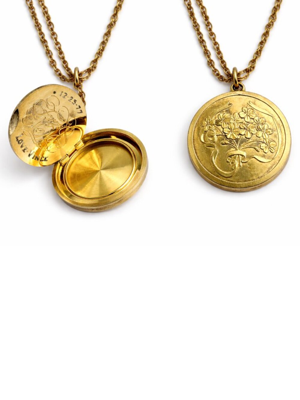 VINTAGE 1977 Franklin Mint Forget Me Not: 24k Gold Plate Locket Pendant ENGRAVED